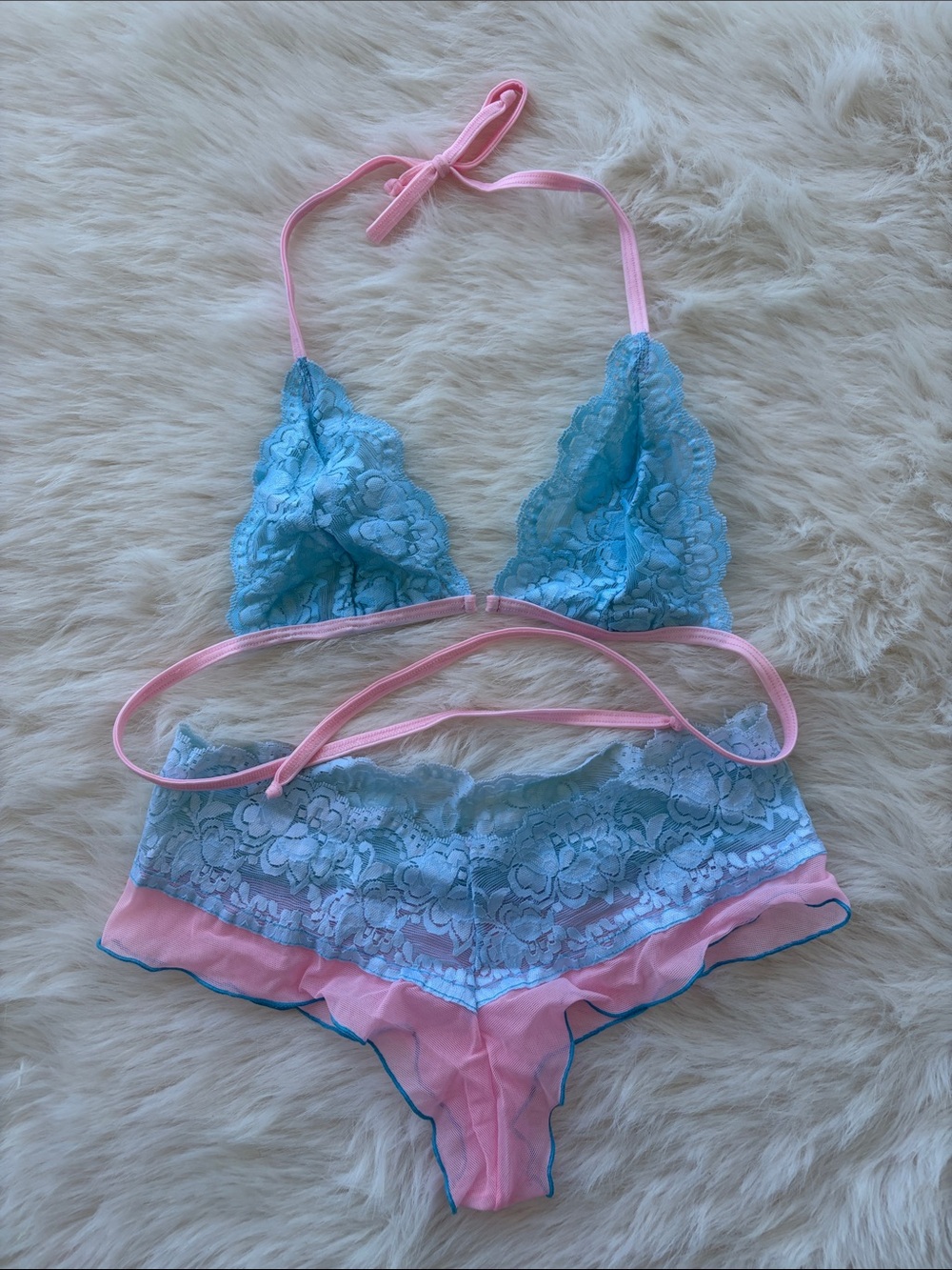 Roma Blue Lace Bralette & Pink Trim Cheeky Brief Set